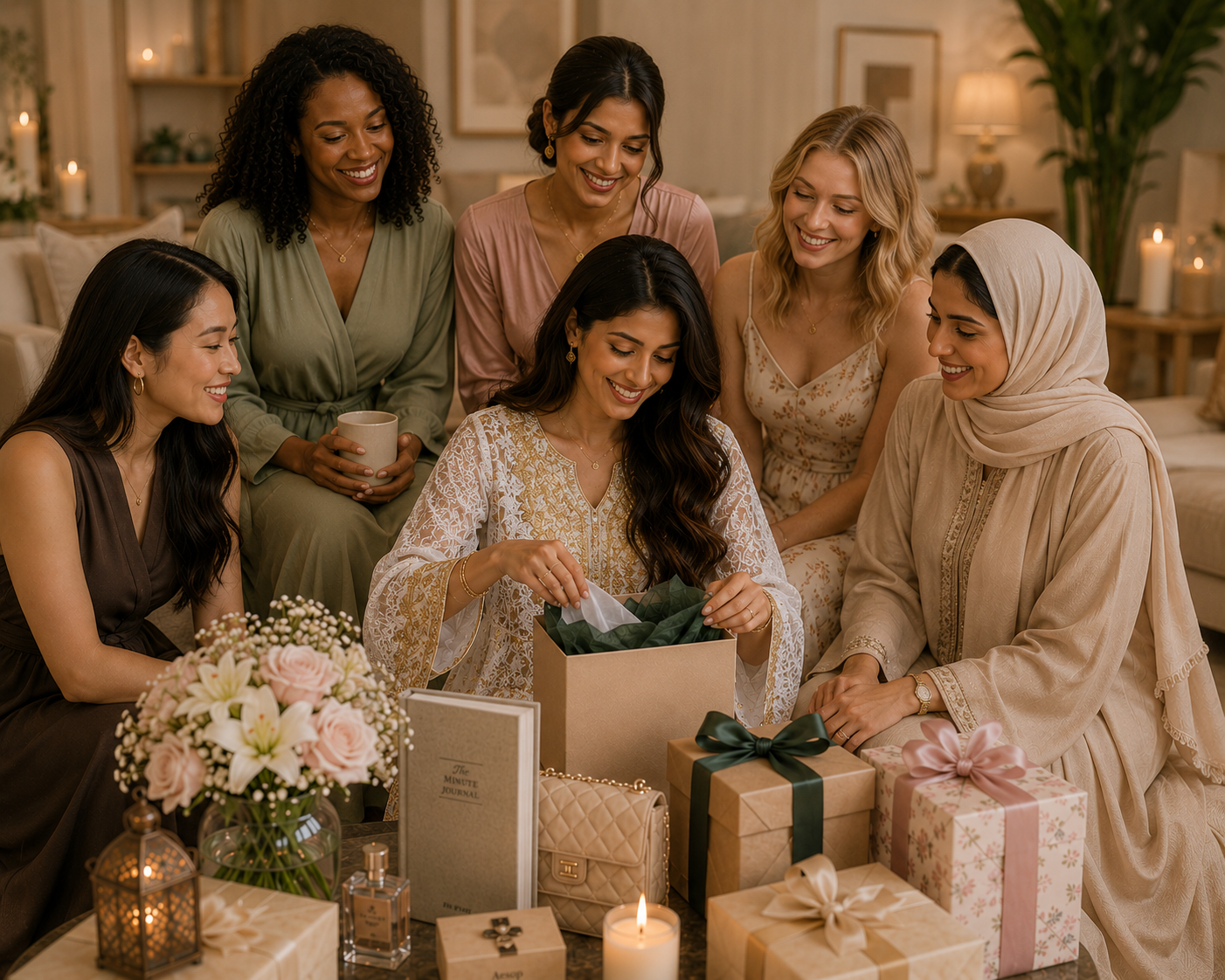 Friends and family gathered while a woman opens her gifts
