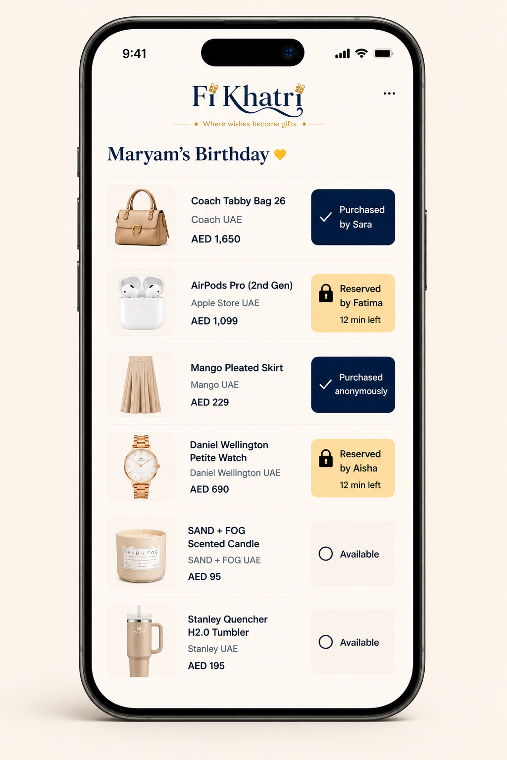 Phone showing a wishlist with Reserved and Purchased statuses so guests can see what's available