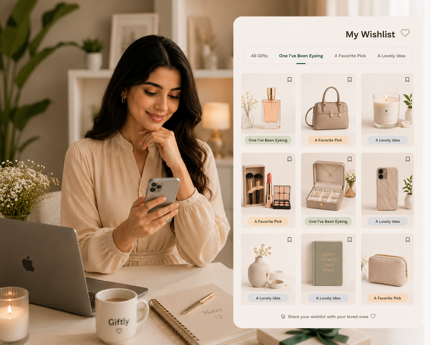 Person browsing a wishlist of gifts on a smartphone