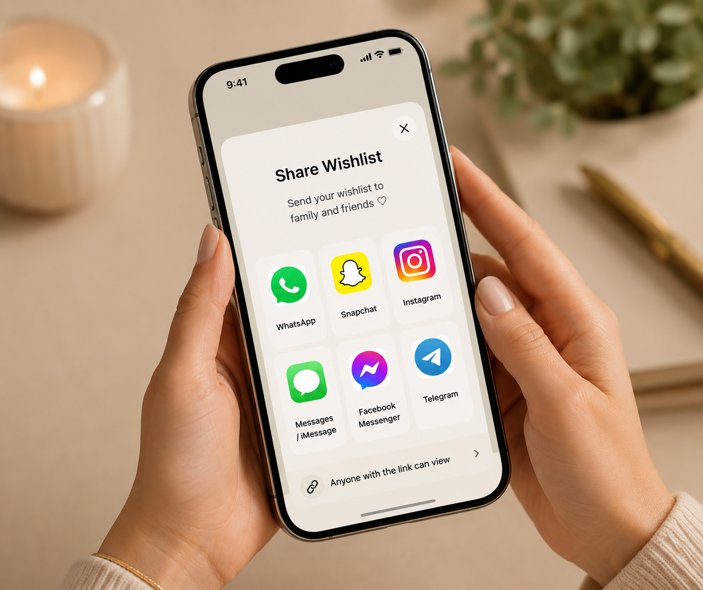 Smartphone share sheet with WhatsApp, Snapchat, Instagram, Messages, Messenger and Telegram